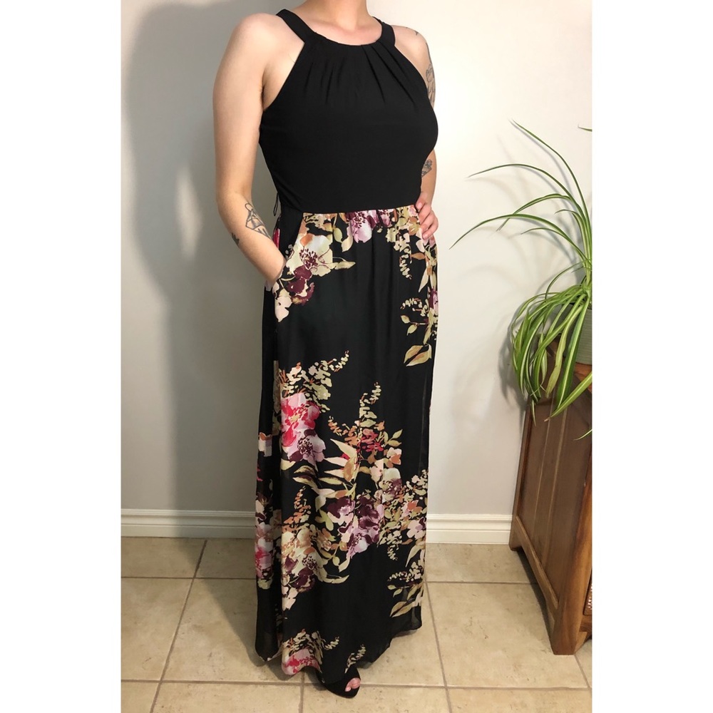 Laura Petites floral and black maxi halter dress